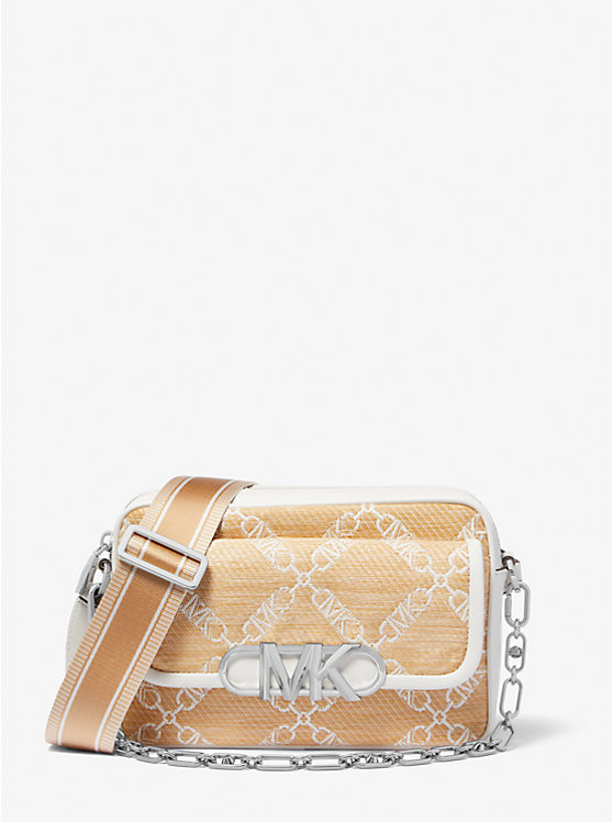 Női Michael Kors Parker Medium Empire Logo Jacquard Straw Crossbody Táska NAT/OPTICWHT | HU1128SGD