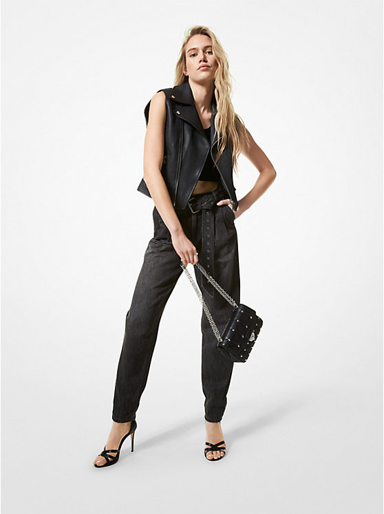 Női Michael Kors Pebbled Leather Moto Vest Kabát Fekete | HU1398WND