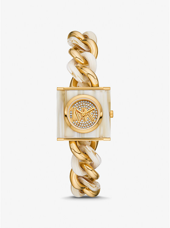 Női Michael Kors Petite Lock Pavé Gold-Tone and Acetate Chain Óra HORN | HU1655TCM