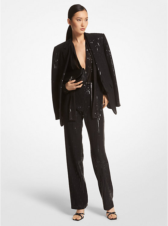 Női Michael Kors Pinstripe Sequined Crepe Boyfriend Blazer Kabát Fekete | HU1399QMF