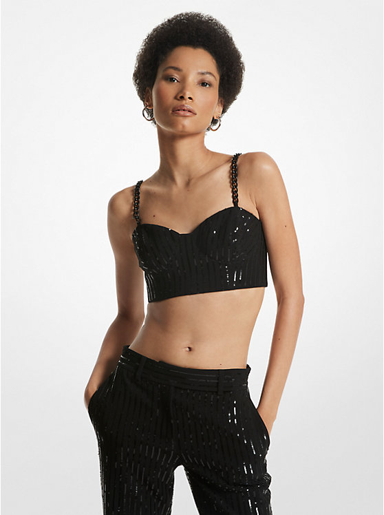 Női Michael Kors Pinstripe Sequined Crepe Bustier Felsők Fekete | HU1491DFN