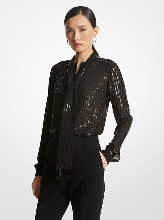 Női Michael Kors Pinstripe Sequined Georgette Tie-Neck Blúz Fekete | HU1454EBG