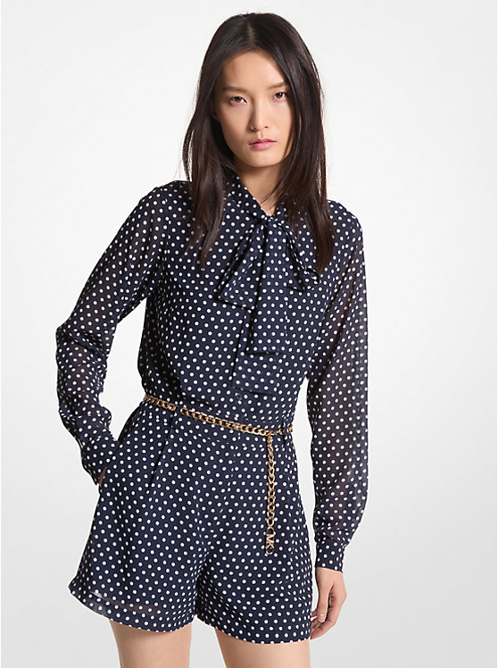 Női Michael Kors Polka Dot Georgette Belted Tie-Neck Romper Ruha MIDNIGHTBLUE | HU1318VRF