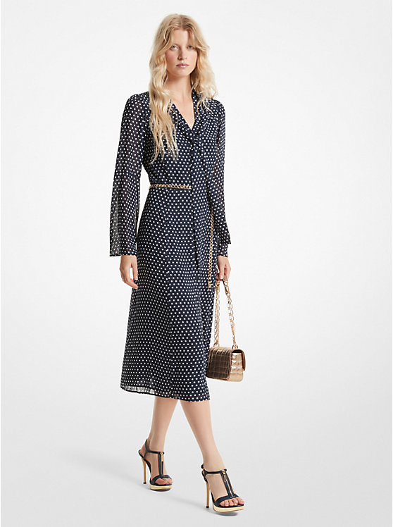 Női Michael Kors Polka Dot Georgette Tie-Neck Midi Ruha MIDNIGHTBLUE | HU1319BEG