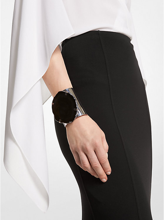 Női Michael Kors Precious Metal-Plated Brass and Agate Cuff Karkötő BLACK/SILVER | HU1518GSN