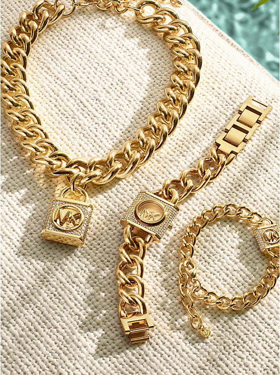 Női Michael Kors Precious Metal-Plated Brass Pavé Lock Curb Link Nyaklánc Arany | HU1564OKJ