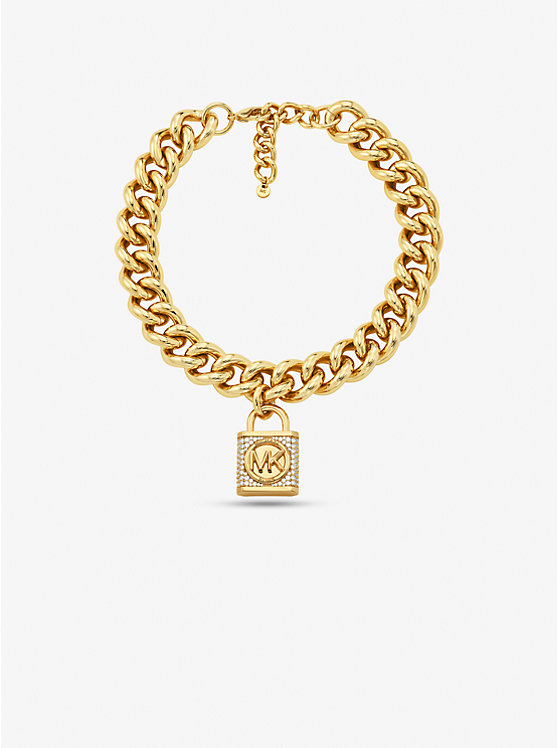 Női Michael Kors Precious Metal-Plated Brass Pavé Lock Curb Link Nyaklánc Arany | HU1564OKJ