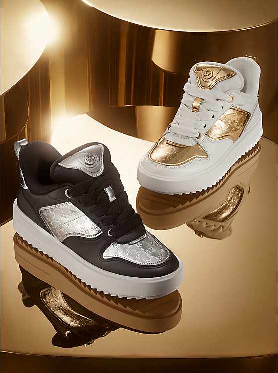 Női Michael Kors Rumi Leather and Logo-Embossed Metallic Platforms Sportcipő Titán | HU2008HAW