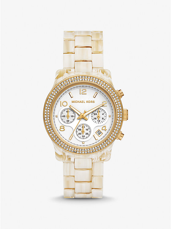 Női Michael Kors Runway Pavé Gold-Tone and Acetate Óra ALABASTER | HU1662EBU