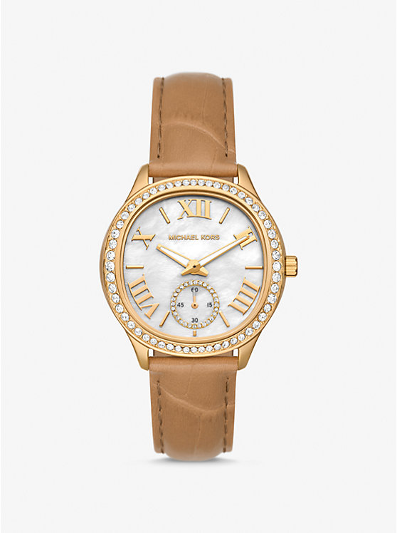 Női Michael Kors Sage Pavé Gold-Tone and Crocodile Embossed Leather Óra PEANUT | HU1670AHG