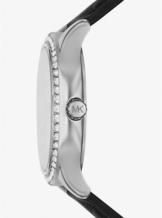 Női Michael Kors Sage Pavé Silver-Tone and Crocodile Embossed Leather Óra Fekete | HU1672DFJ