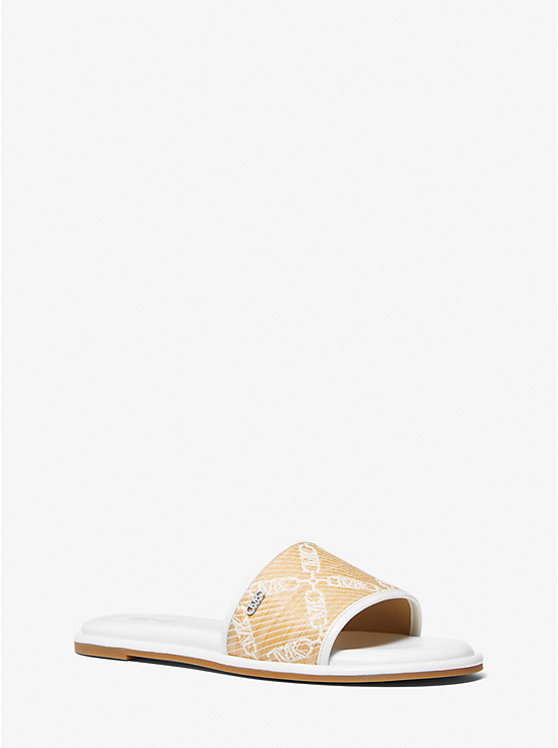 Női Michael Kors Saylor Empire Logo Jacquard Straw Slide Szandál NAT/OPTICWHT | HU1958FDY