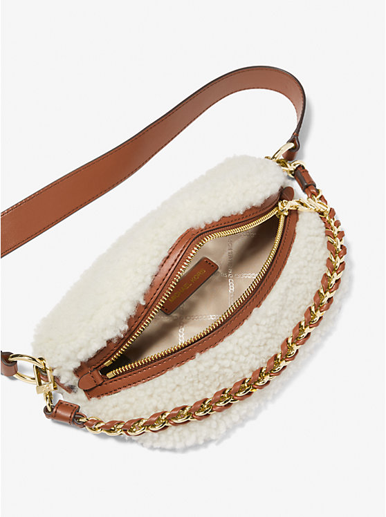 Női Michael Kors Slater Extra-Small Shearling Sling Pack Crossbody Táska NATURAL/LUGGAGE | HU1133UZK