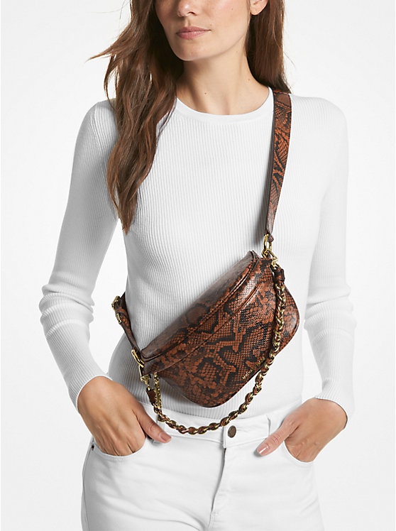 Női Michael Kors Slater Extra-Small Snake Embossed Leather Sling Pack Crossbody Táska LUGGAGE | HU1134YXL