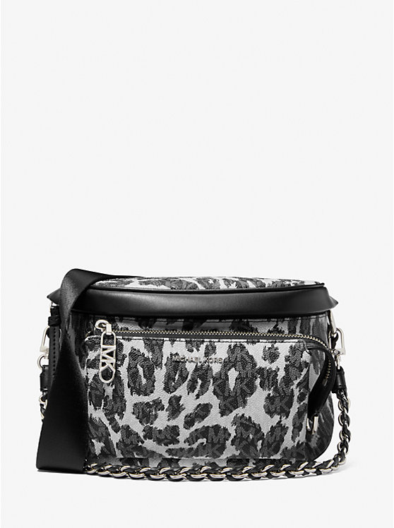 Női Michael Kors Slater Medium Leopard Logo Sling Pack Hátizsák Fekete | HU1075DFF