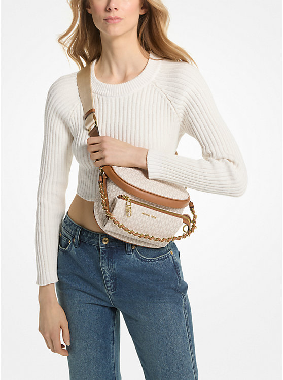 Női Michael Kors Slater Medium Signature Logo Sling Pack Crossbody Táska VANILLA/ACORN | HU1142EBM