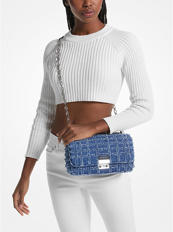 Női Michael Kors Tribeca Large Frayed Denim Crossbody Táska DENIM | HU1146UZR