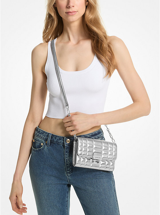 Női Michael Kors Tribeca Large Metallic Leather Convertible Crossbody Táska Titán | HU1149PJU